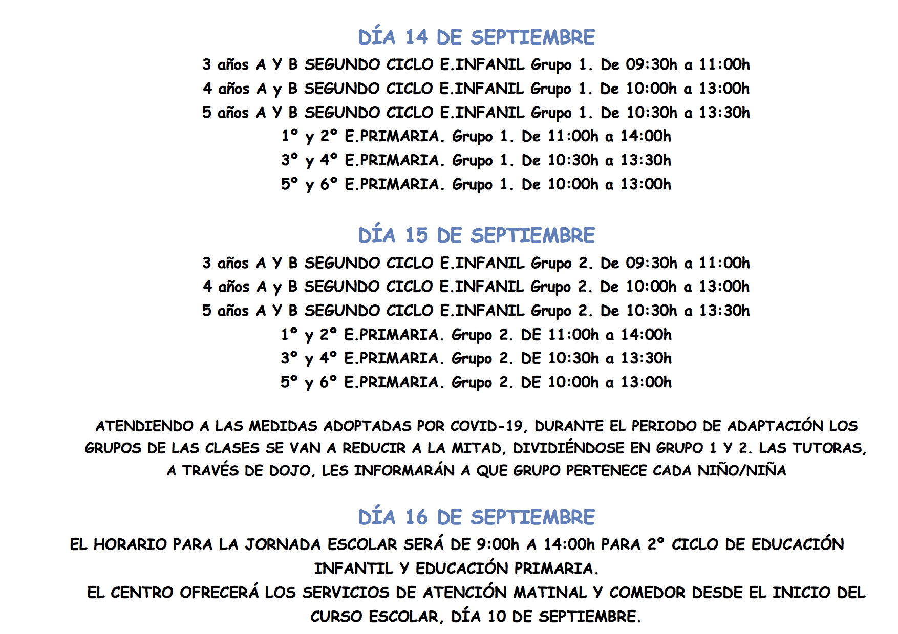 2020 09 03 Horario inicio curso escolar 2